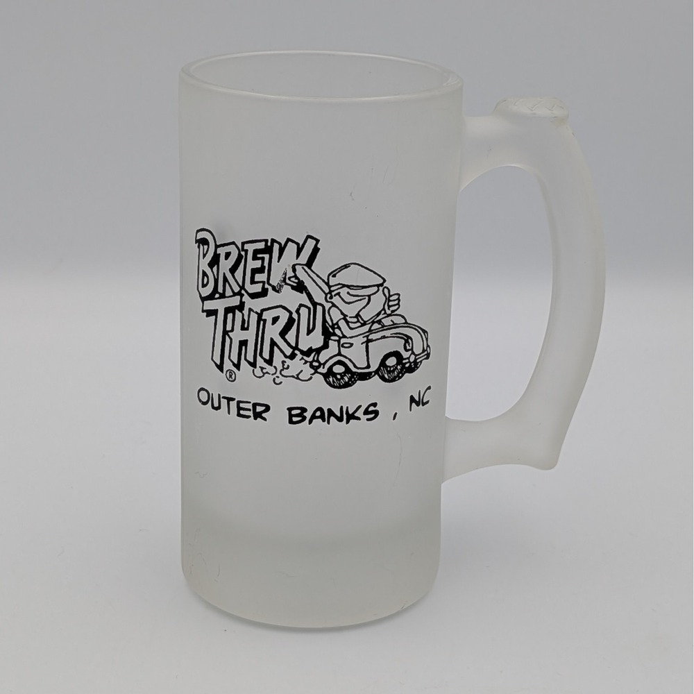 Brew Thru Outer Banks NC Frosted Glass Beer Mug Stein OBX Souvenir 5.5 inch